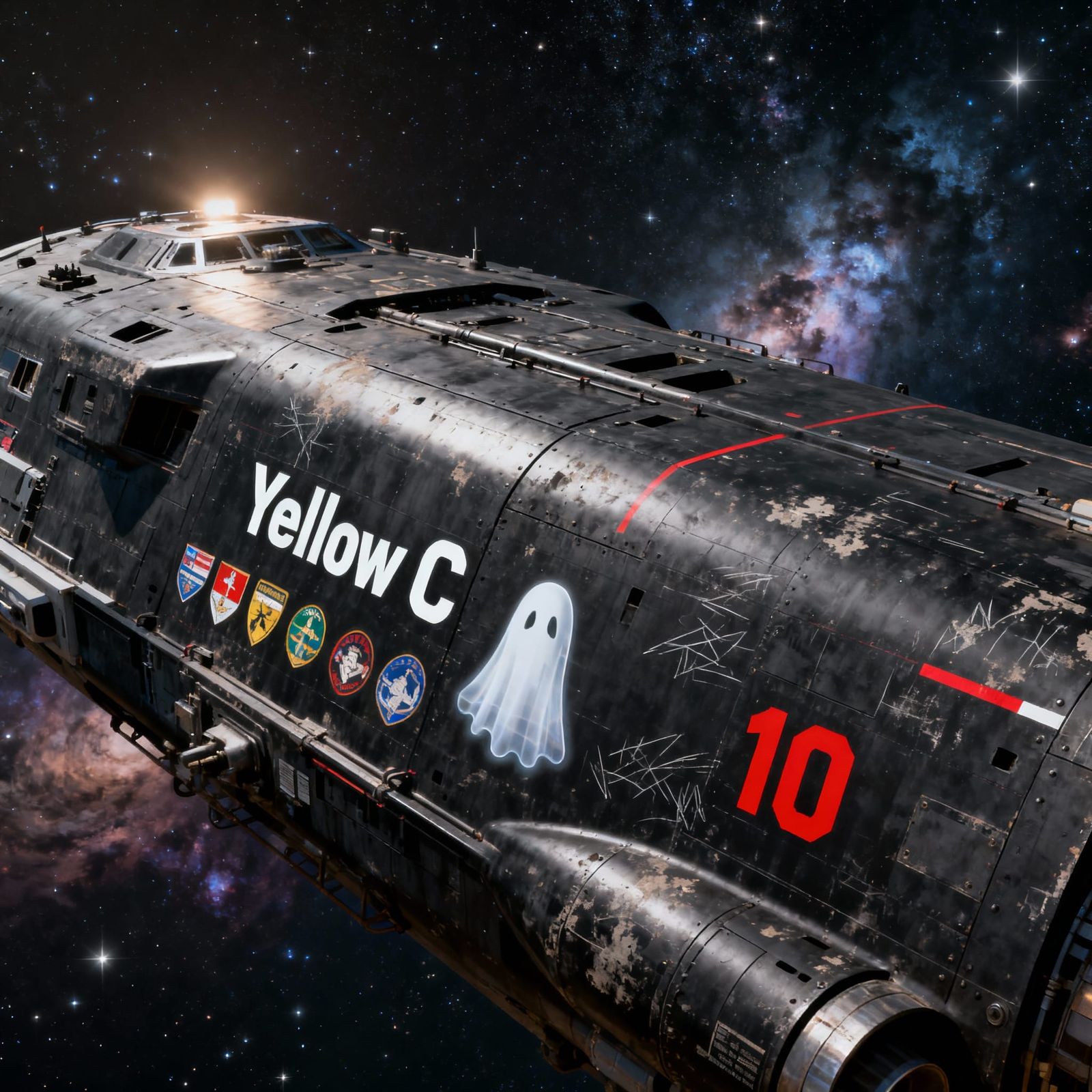 Black Metal Spaceship "Yellow C" with Galactic Background