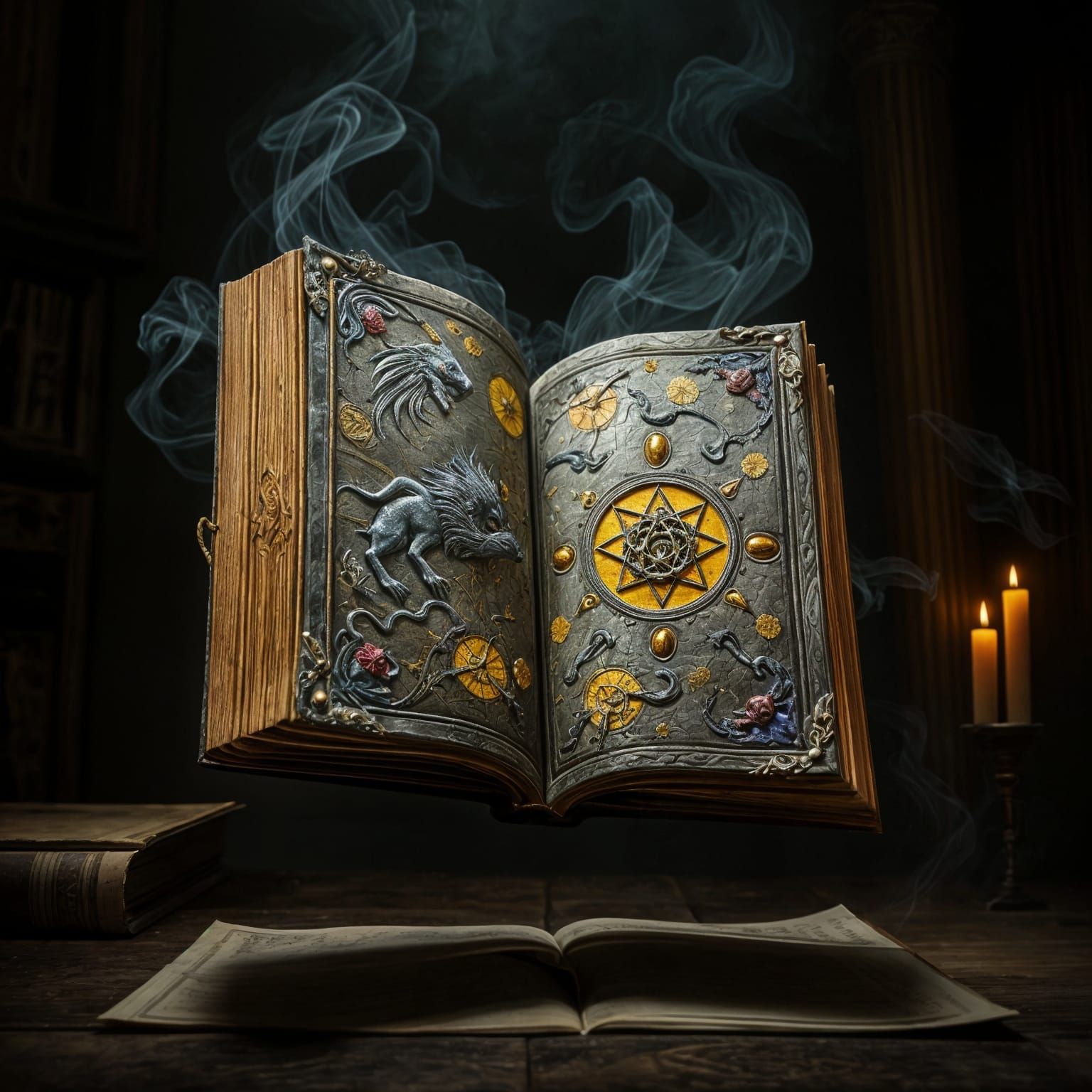 Levitating Grimoire with Glowing Symbols, Renaissance Style