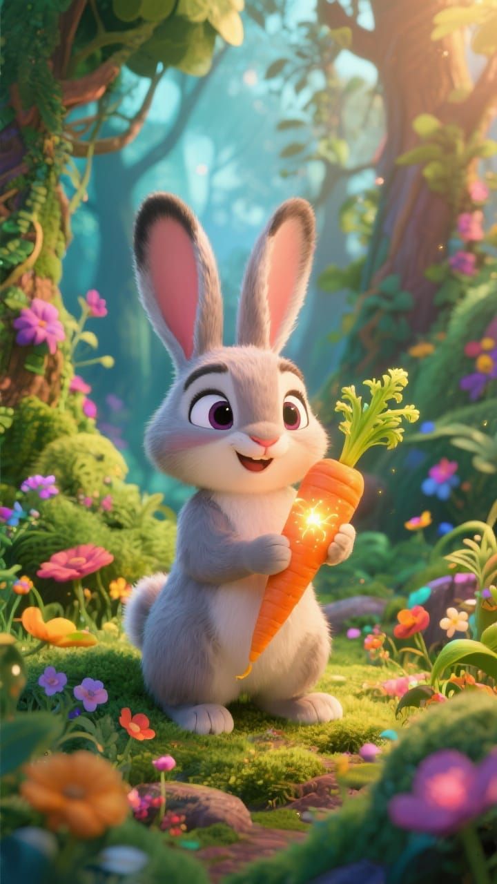 Cartoon Bunny in Fantasy Forest with Magical Carrot