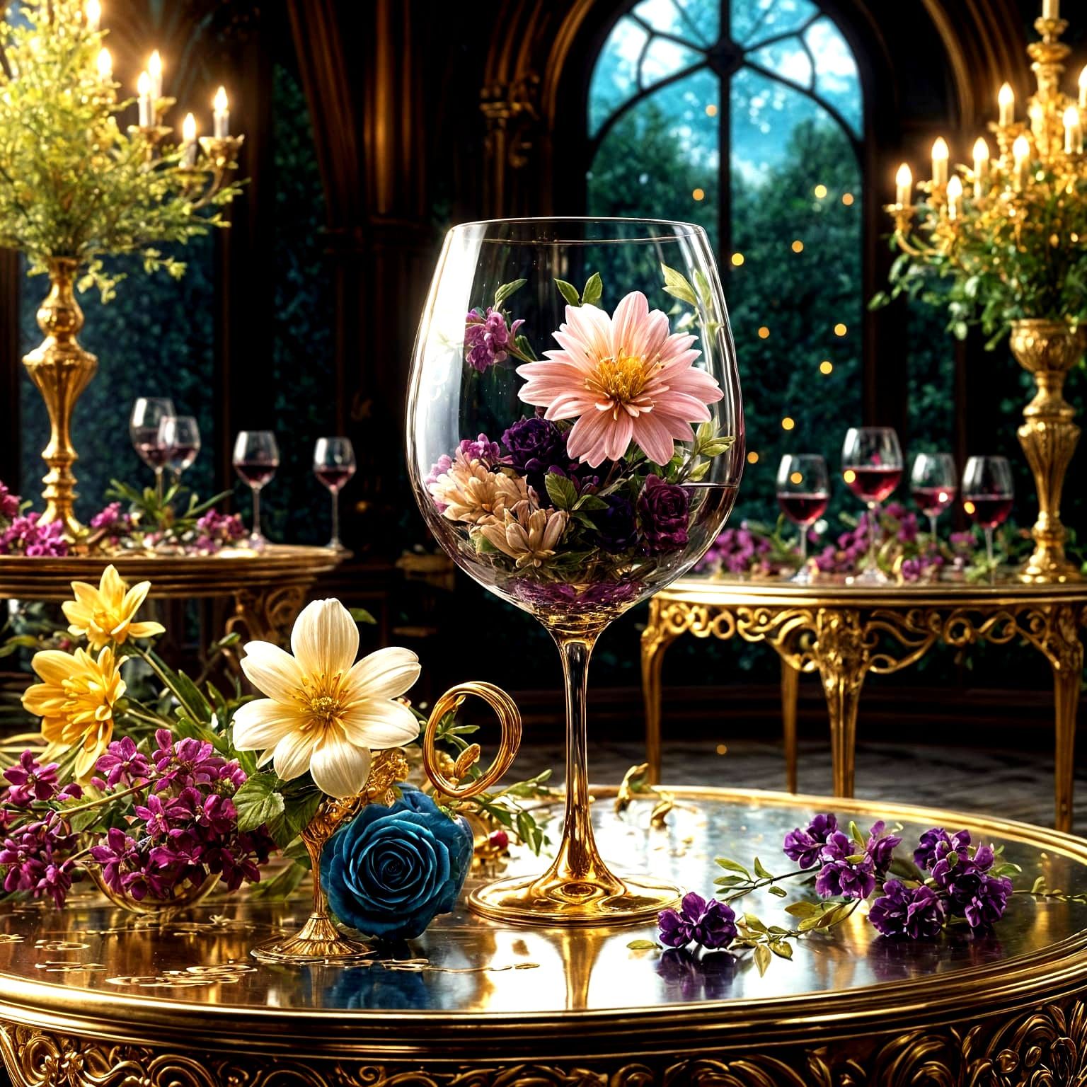 Elegant Wine and Bloom on Golden Luxury Table