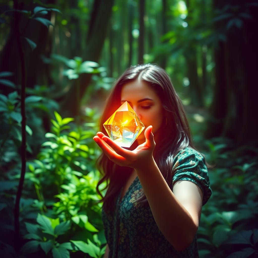 Woman in Forest with Prism: Ethereal Light Refraction
