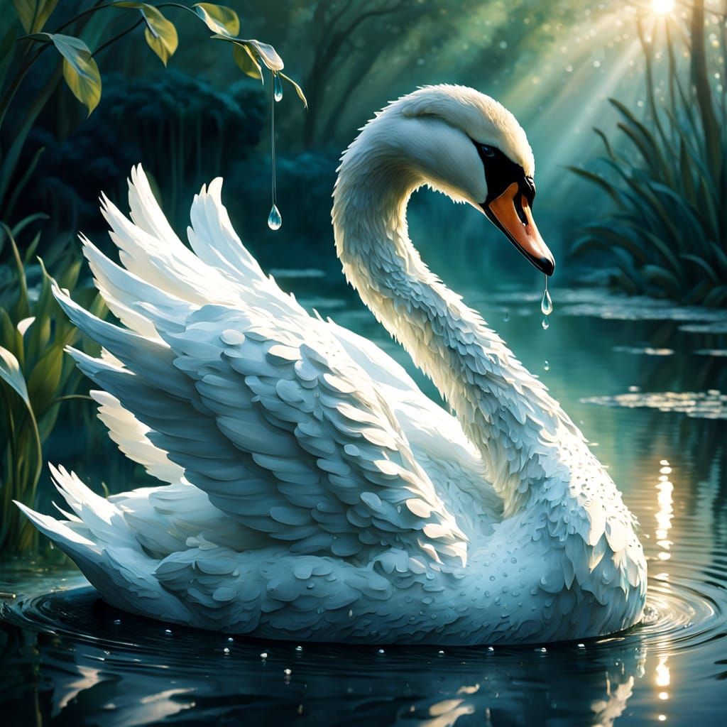 Ethereal Swan Sculpture Floating on a Serene Pond in Soft Fo...