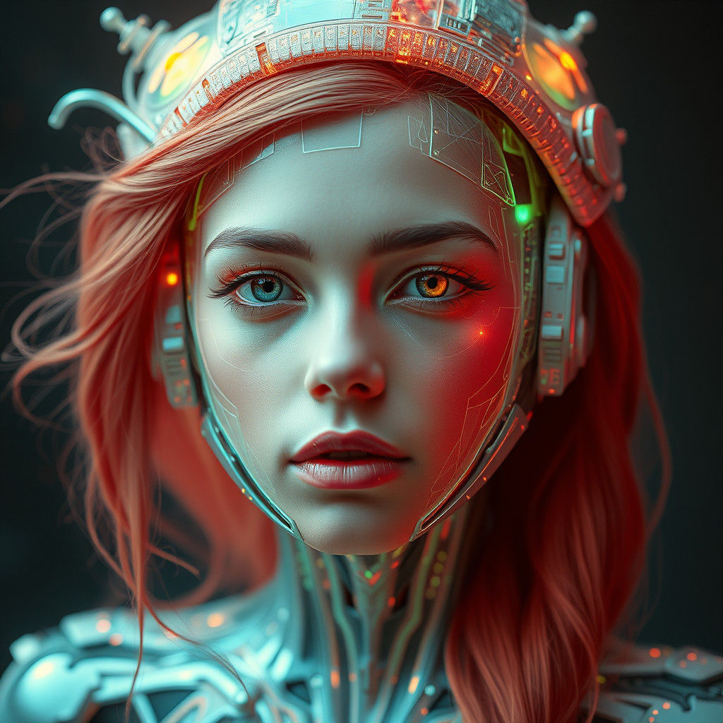 Surreal Woman Composing Fractal Biosuit in Glowing Hues