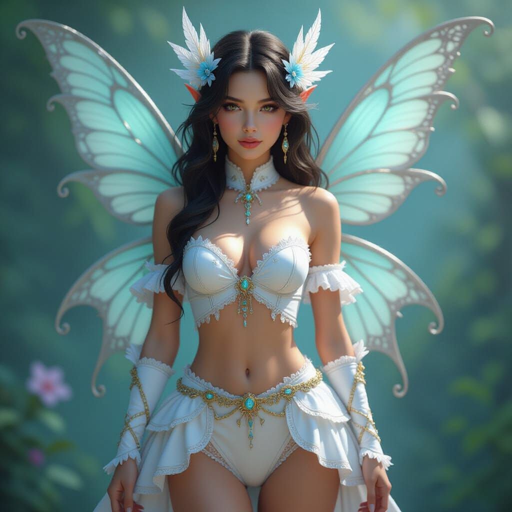 Detailed Fairy in White Outfit with Blue and Gold Accents