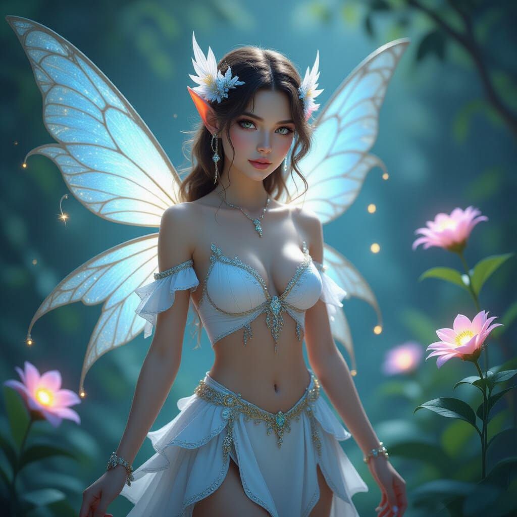 Detailed Fairy in White Outfit with Blue and Gold Accents