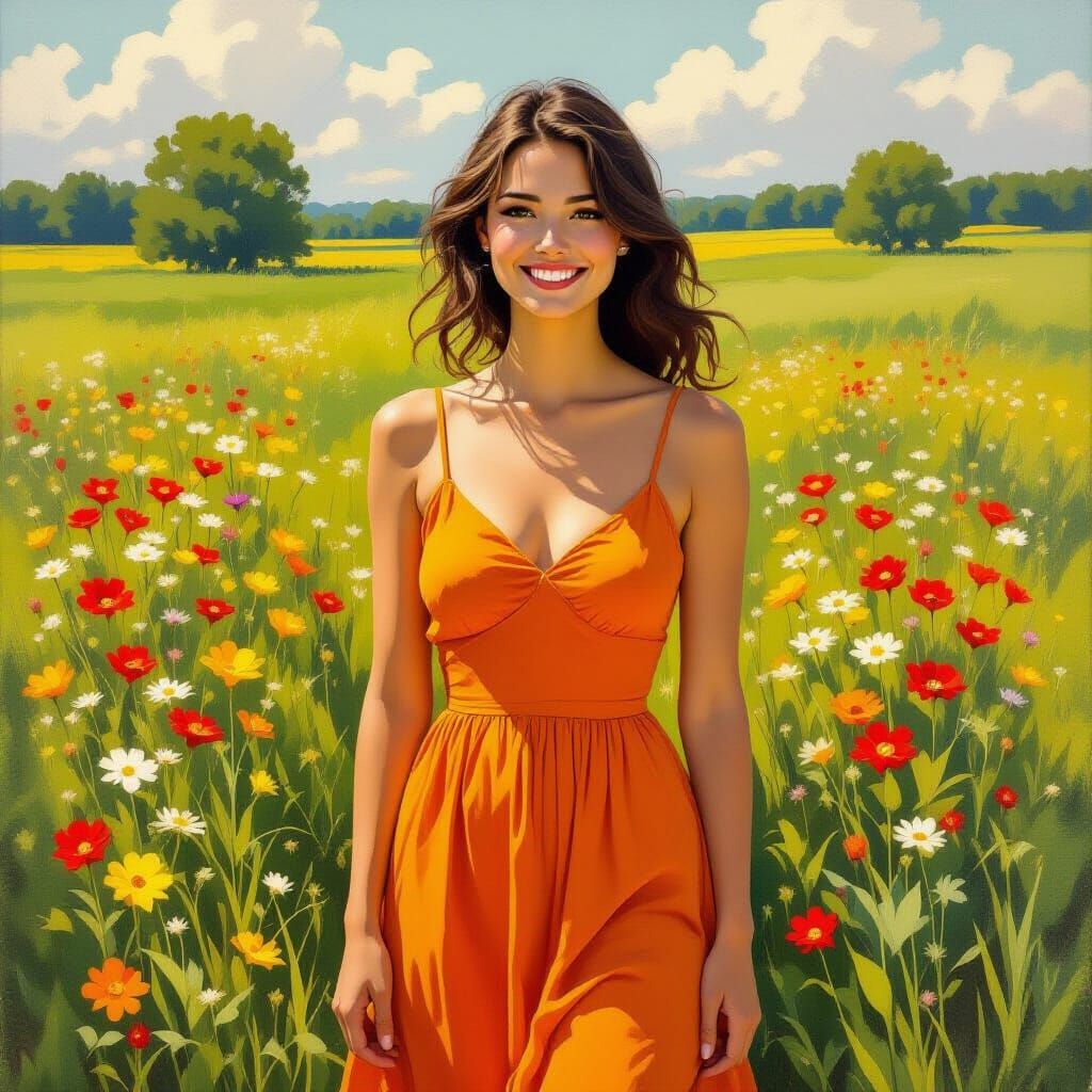 Happy Woman in Wildflower Meadow, Andrew Wyeth Style