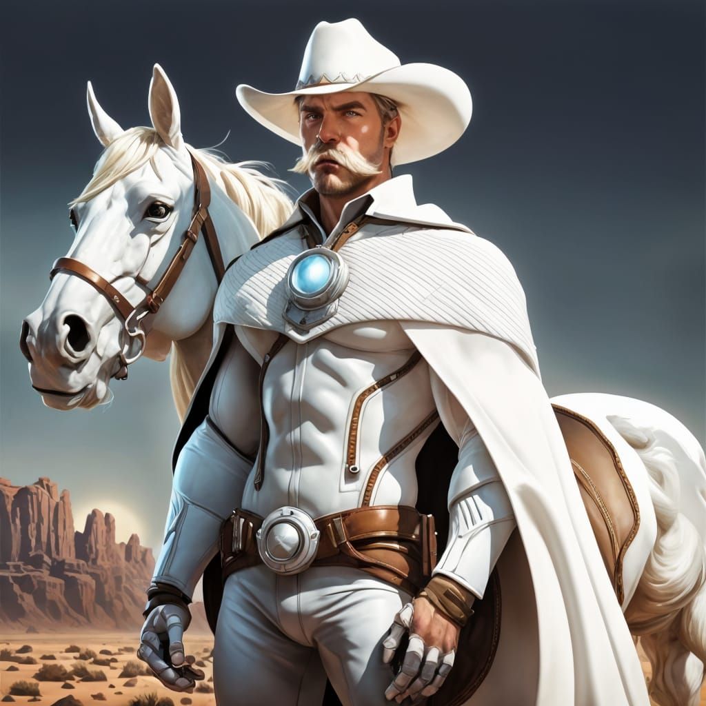 Cowboy Superhero with Robotic Horse, Digital Illustration