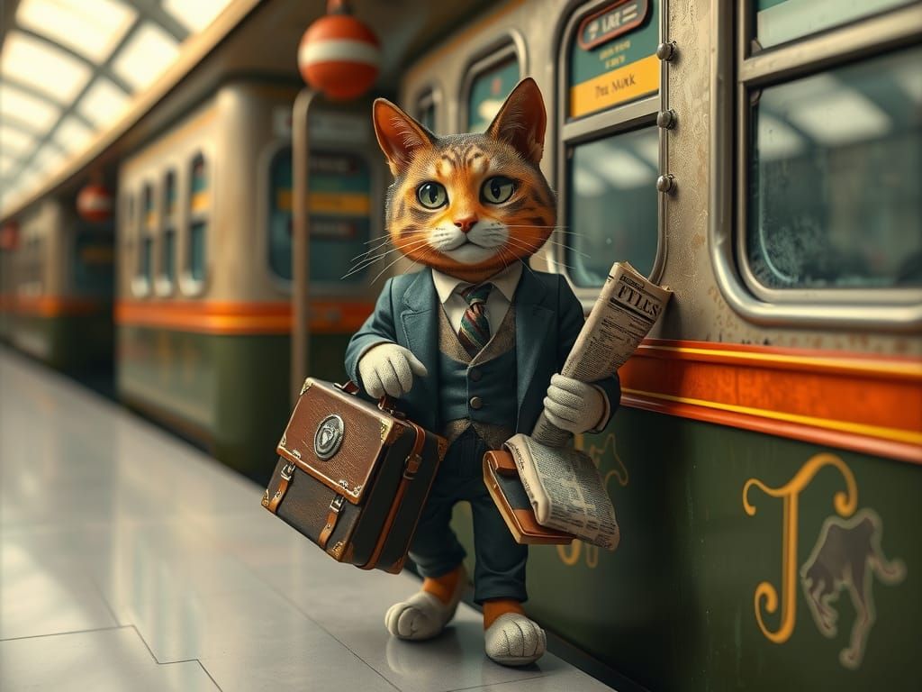 Whimsical Cat Commute in Folk Art Style