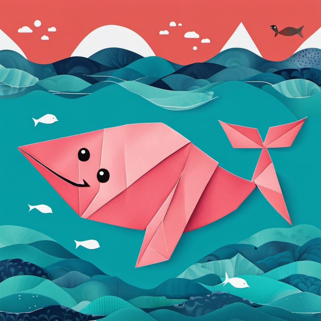 Happy Origami Whale in Art Brut Style
