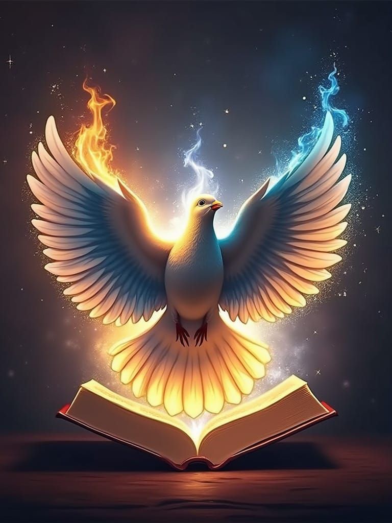 Realistic Dove Emerges from Burning Bible in Vibrant Blue Fl...