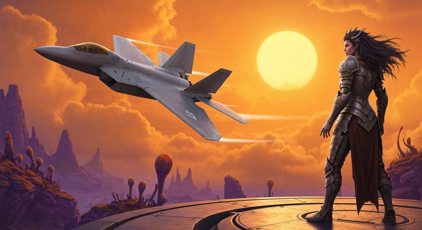 Dragonknight Observes F-22 Raptor in Alien Landscape