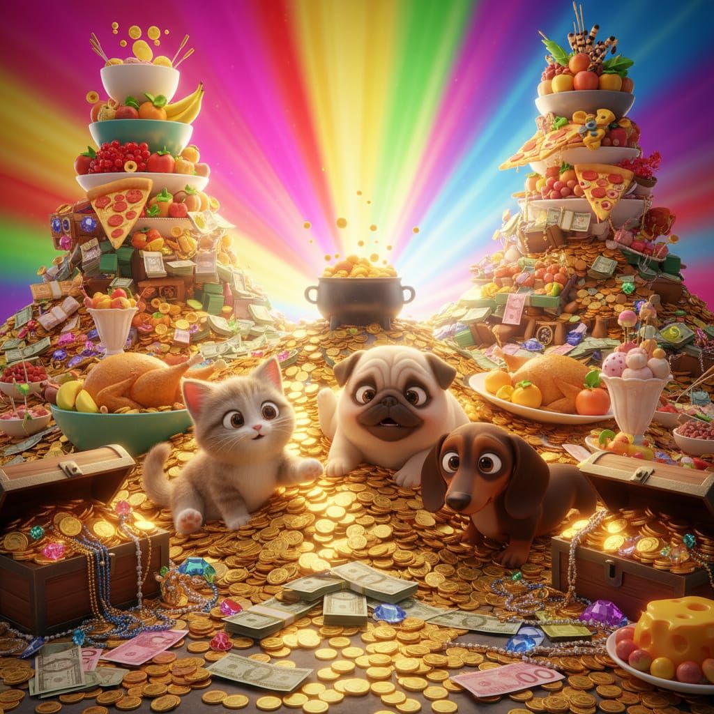 Cute Puppies and Kitten With Money and Food in Pixar Style