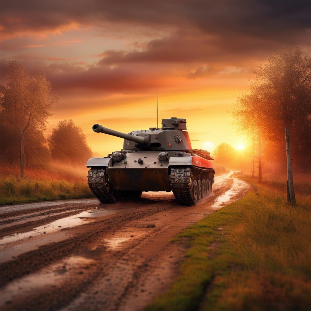World War I Tank at Sunset: Photorealistic Image