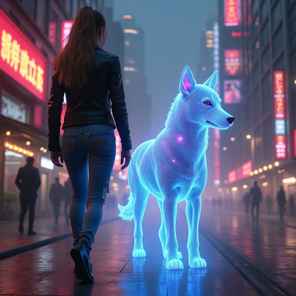 Woman Walking with a Cyberpunk Hologram Dog in a Futuristic....