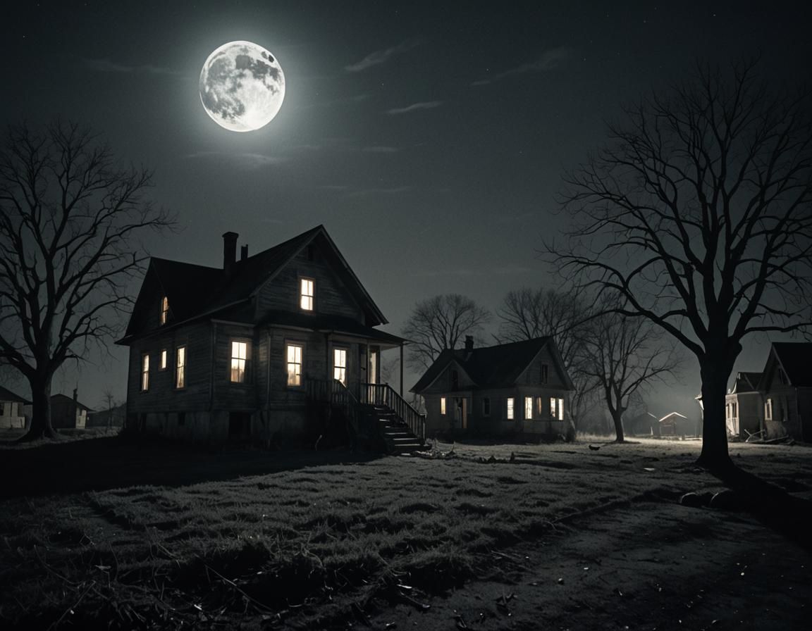 Dramatic Night Bird in Front of Deserted House