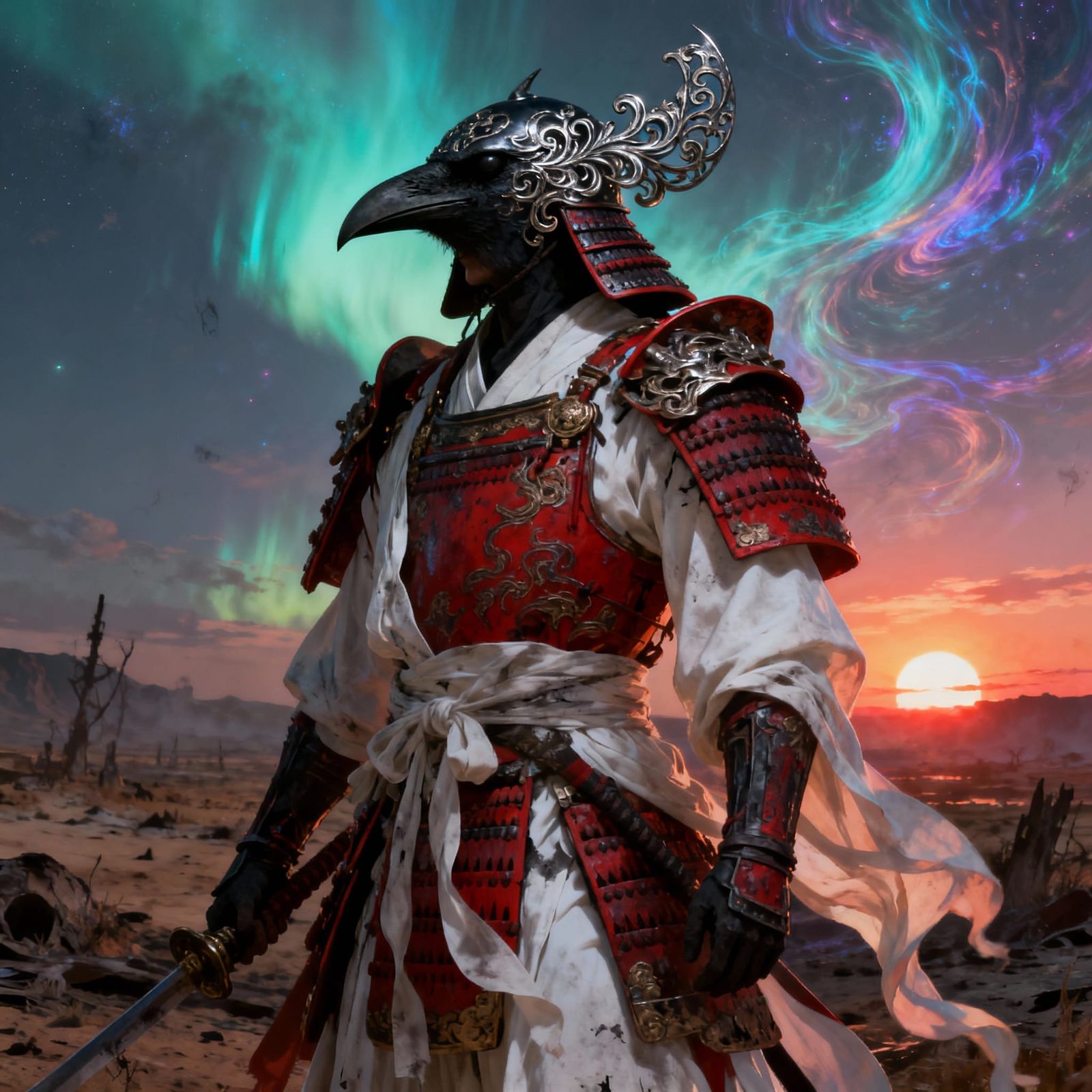 Celestial Demigod in Ornate Armor at Strange Sunrise