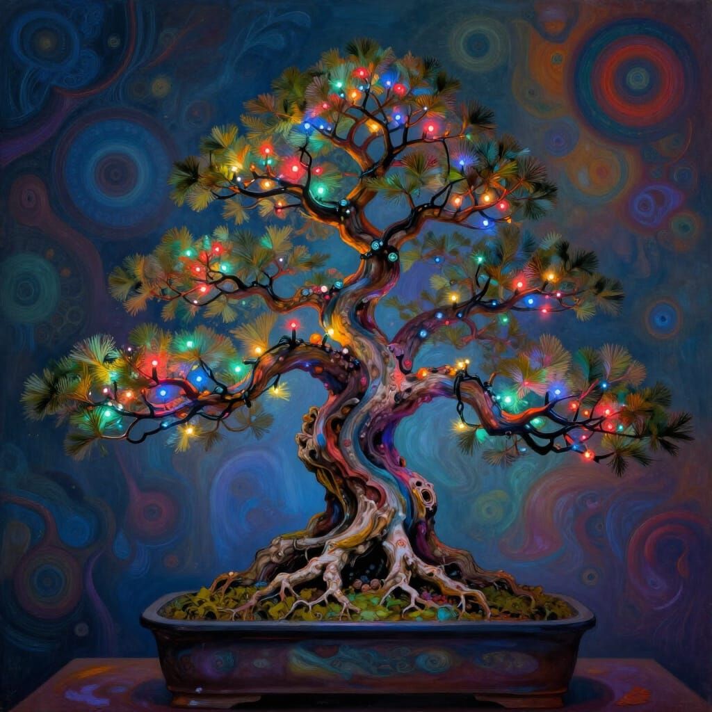 Bonsai Tree Adorned with Twinkling Christmas Lights