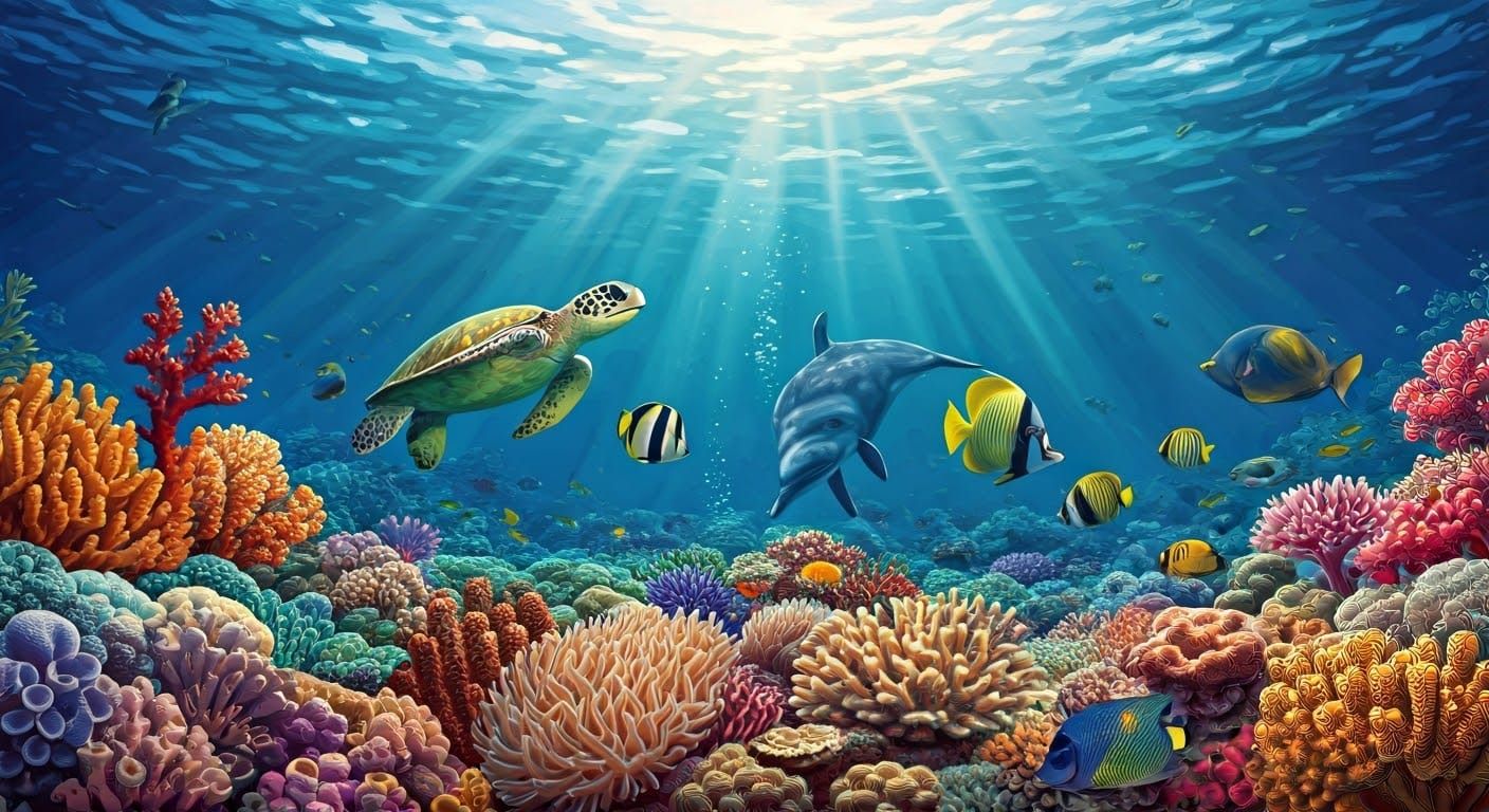 Luminous Coral Reef Scene in Impressionist Style
