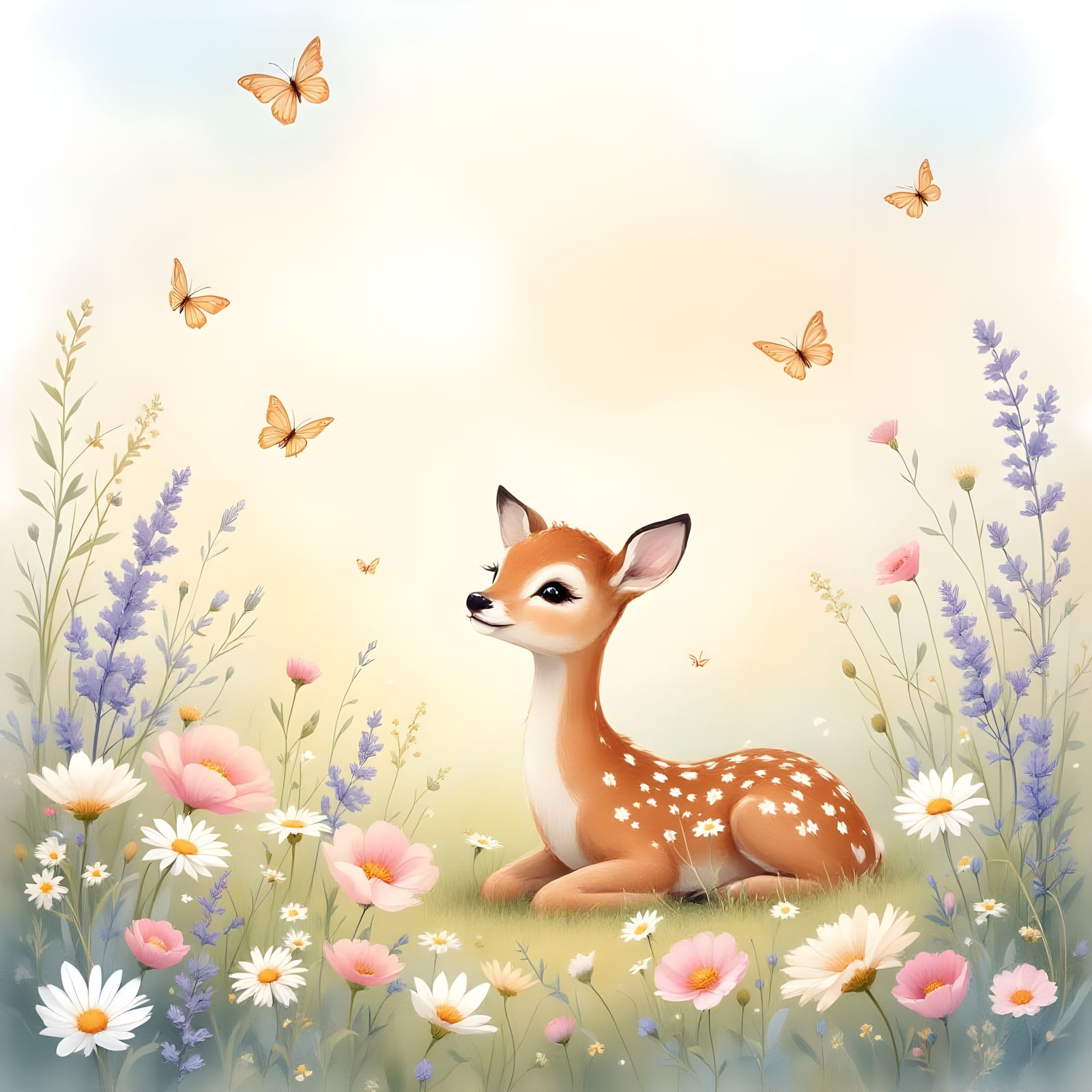 Watercolor Meadow with Fawn and Wildflowers