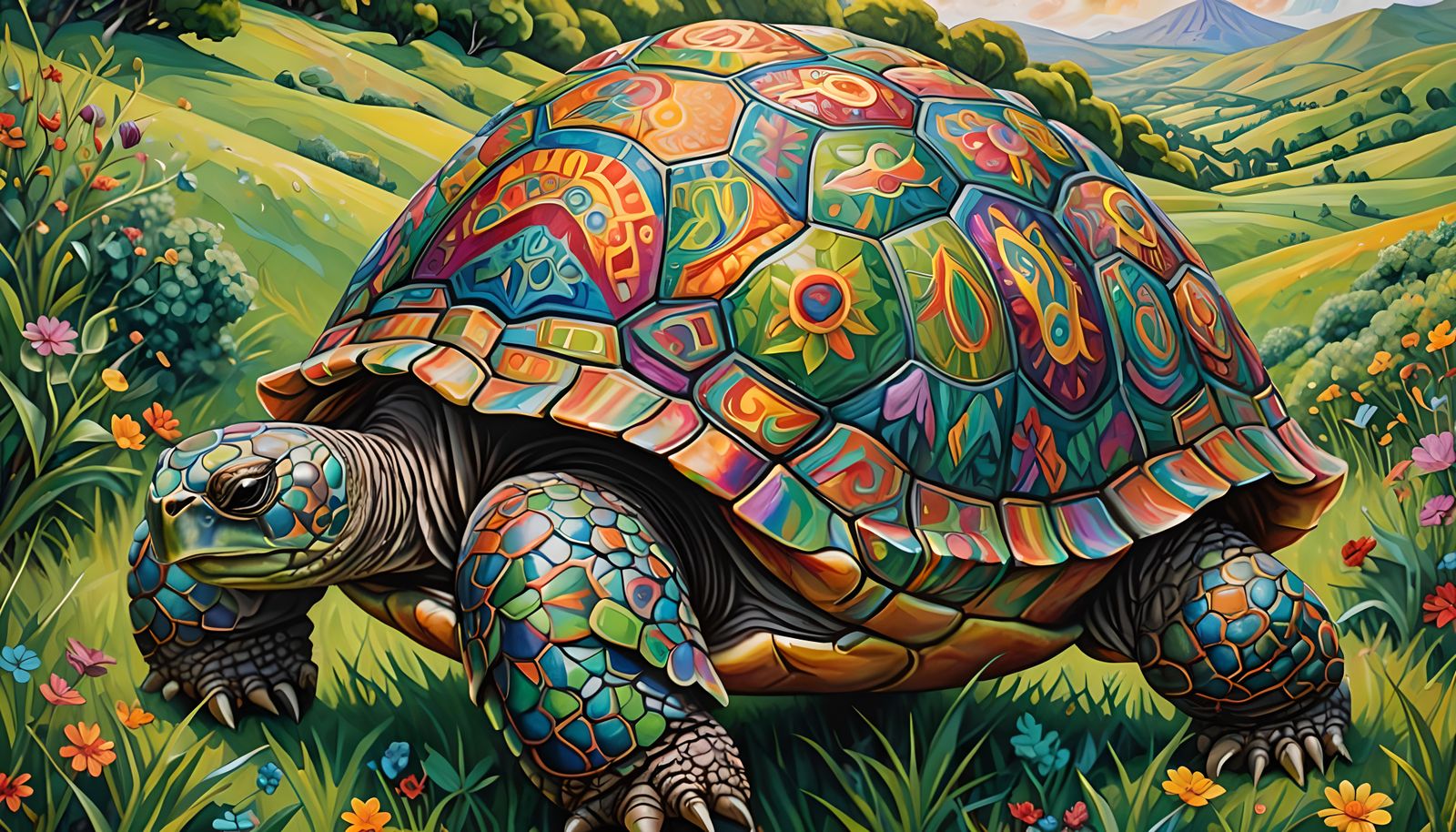 Rainbow Paisley Tortoise Portrait in Hyperrealism
