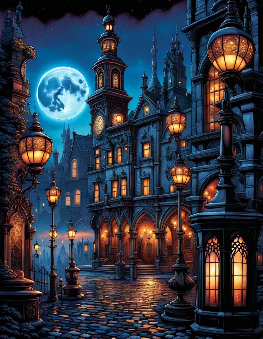 Gothic Victorian City at Night in Comic Book Style