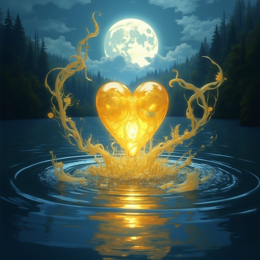 Crystal Heart Ascends from Moonlit Lake