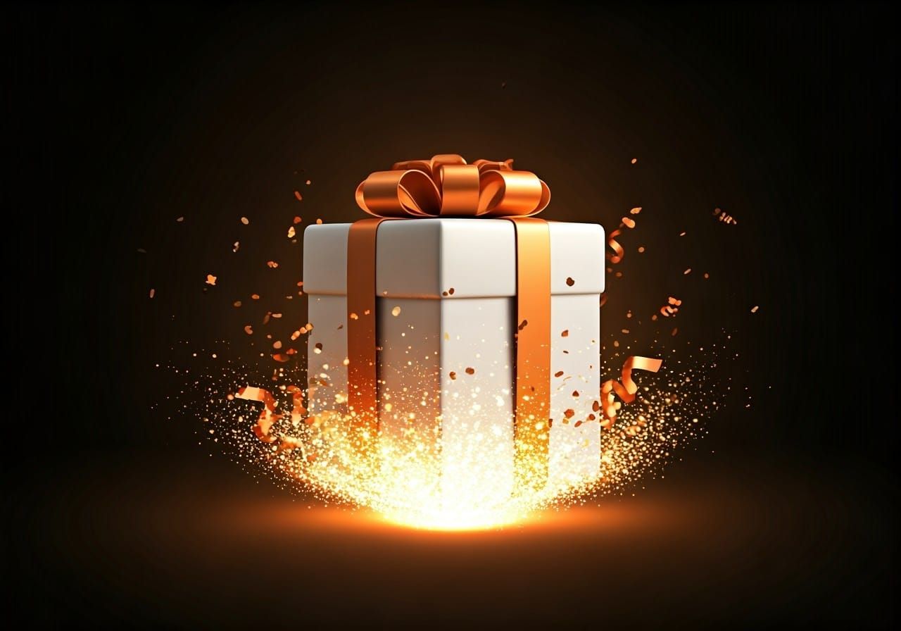 Create a 3D gift box wrapped in ribbon and cool exploding co...