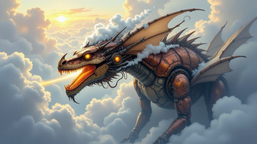 Steampunk Mech-Dragon Soaring Through Clouds Oil Painting
