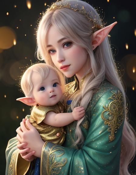 Cute Baby Dragon and Elf in Magical Forest