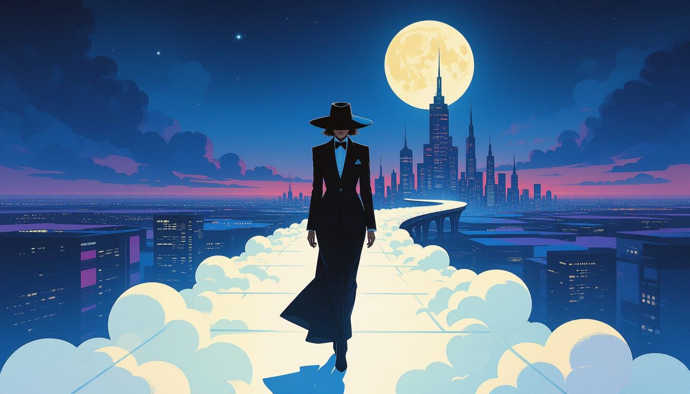 Model Walks Cloud Road in Dystopian Cityscape