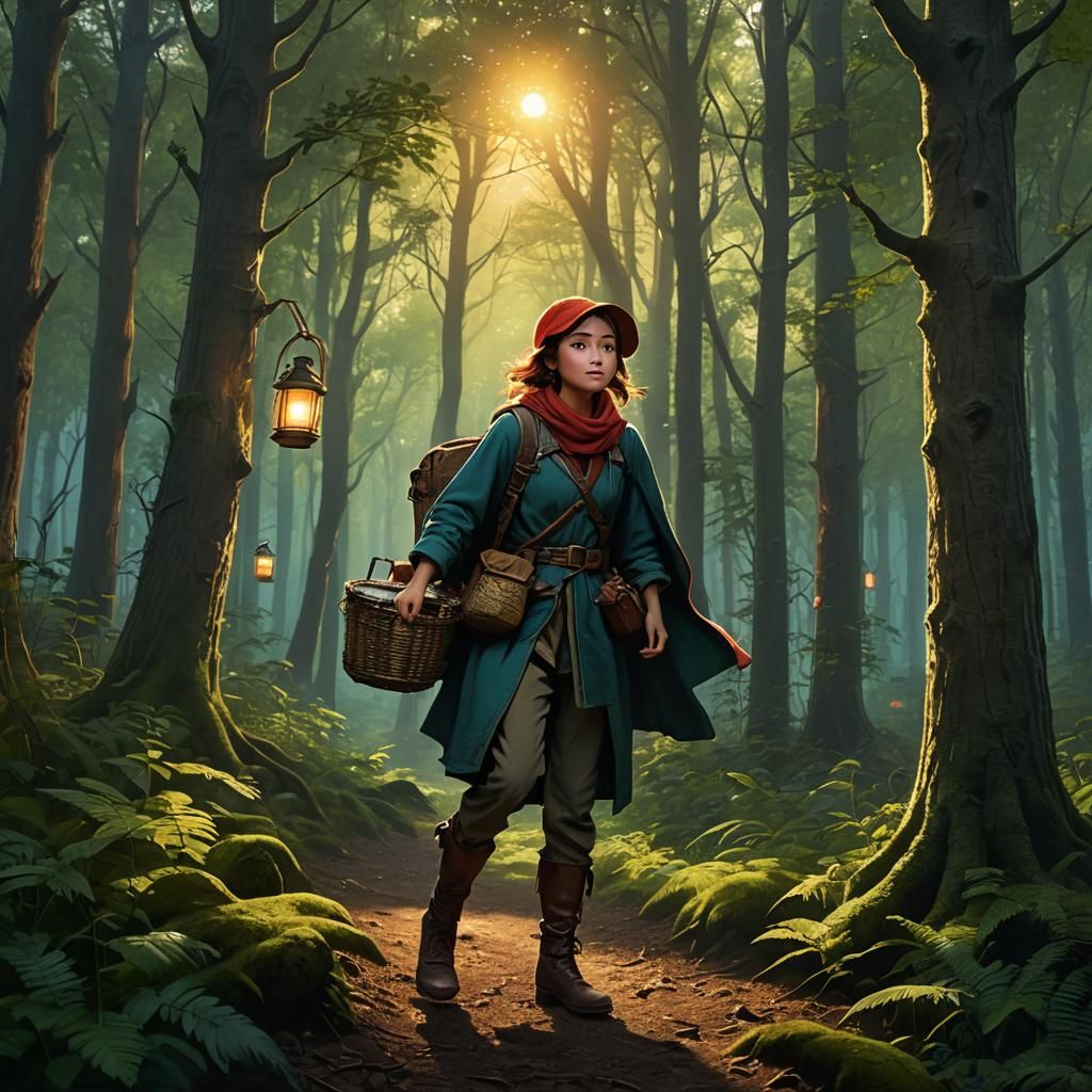 Girl's Forest Adventure: Detailed Matte Painting