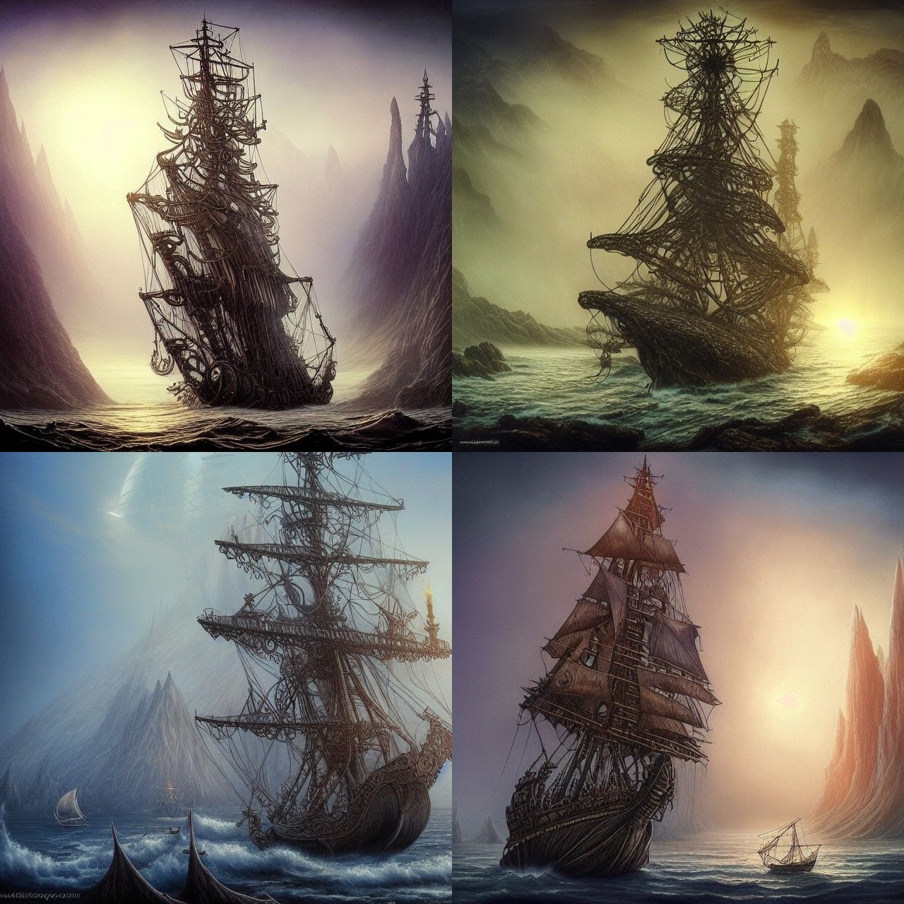 Steampunk Sailing Ship near Alien Coast at Sunset