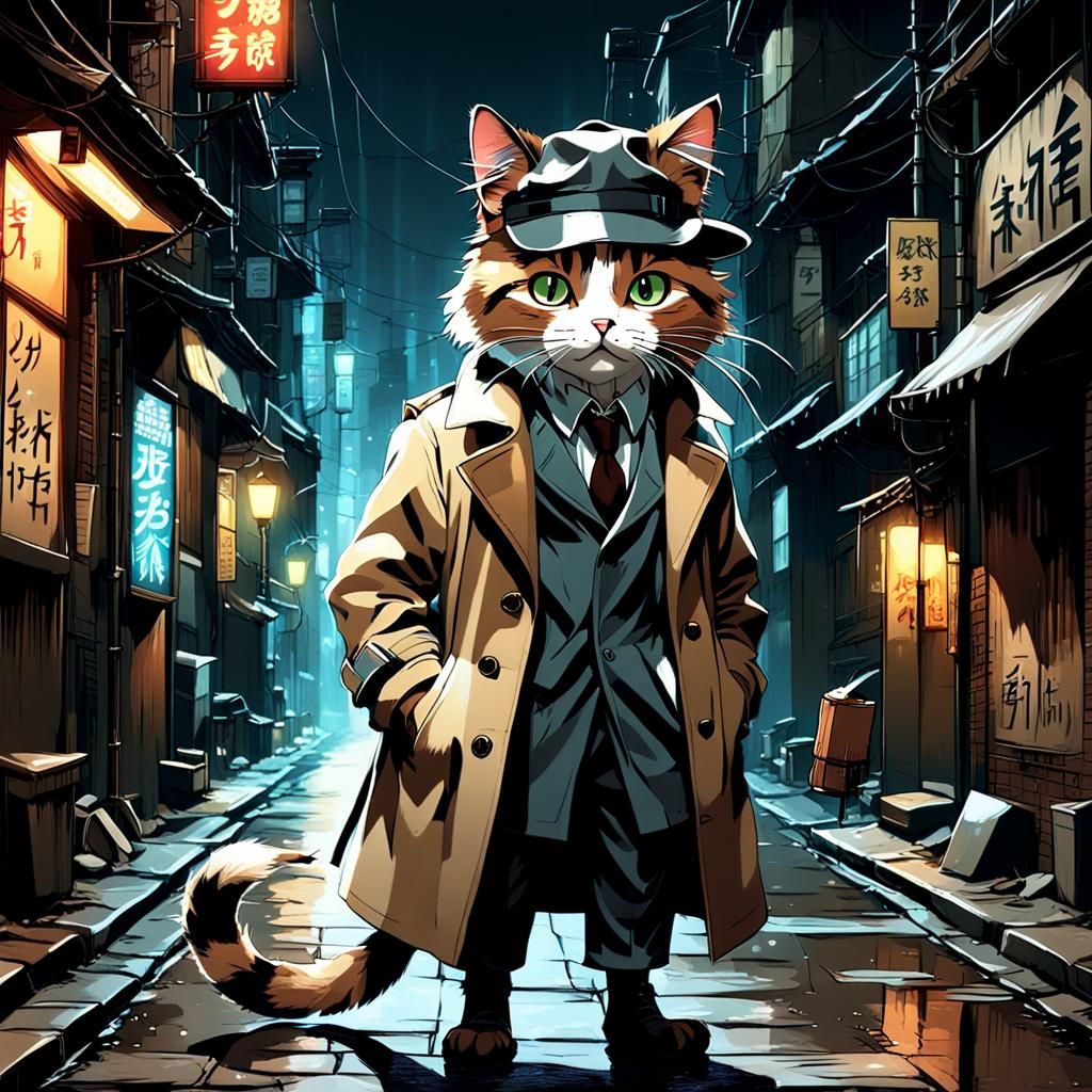 Calico Cat Detective in Film Noir Anime Style
