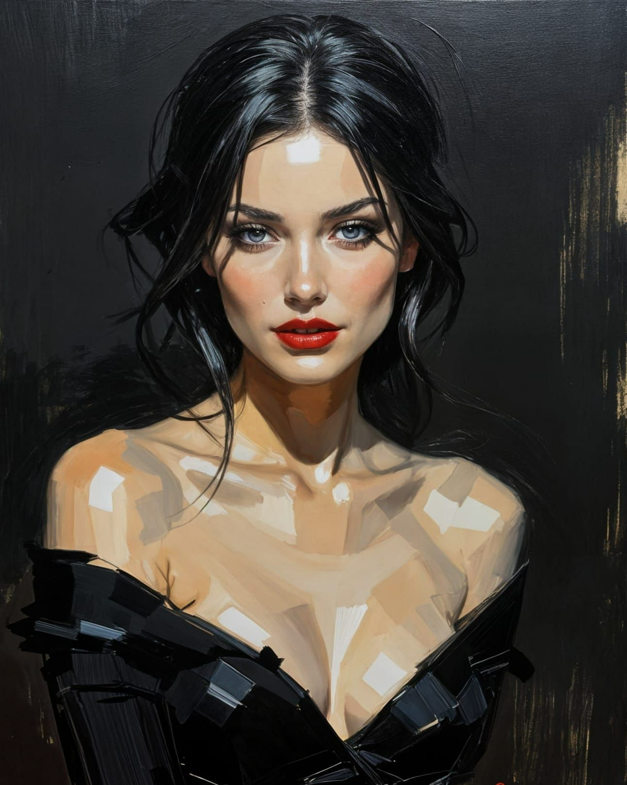 Monochrome Oil Portrait of a Beautiful Woman in Impasto Styl...