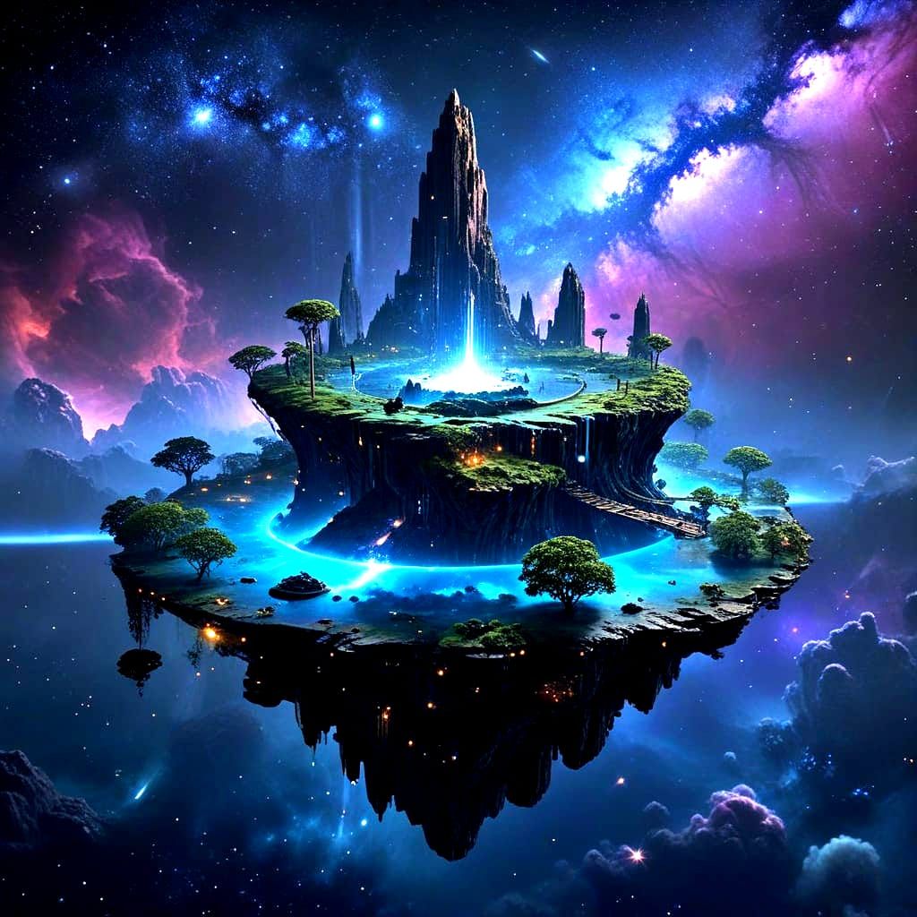 Starry Sci-fi Island Floating in Nebula