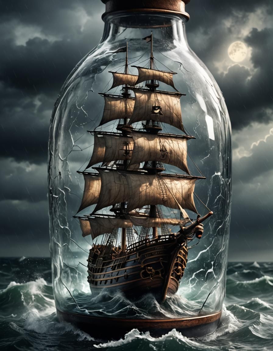 intro to the glass bottle, Cinematic scene, detailed dramatic story, big and sinister darkness pirate ship sailing in a ...