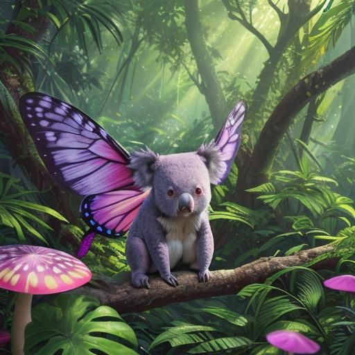 Pink Purple Koala with Butterfly Wings in 3D Anime Style