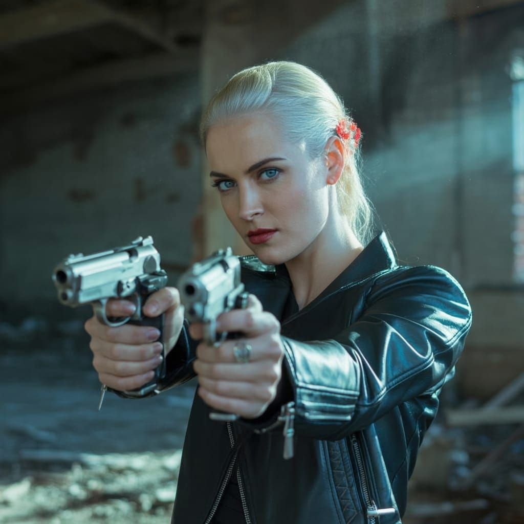 Woman Aiming Twin Pistols Directly At Viewer