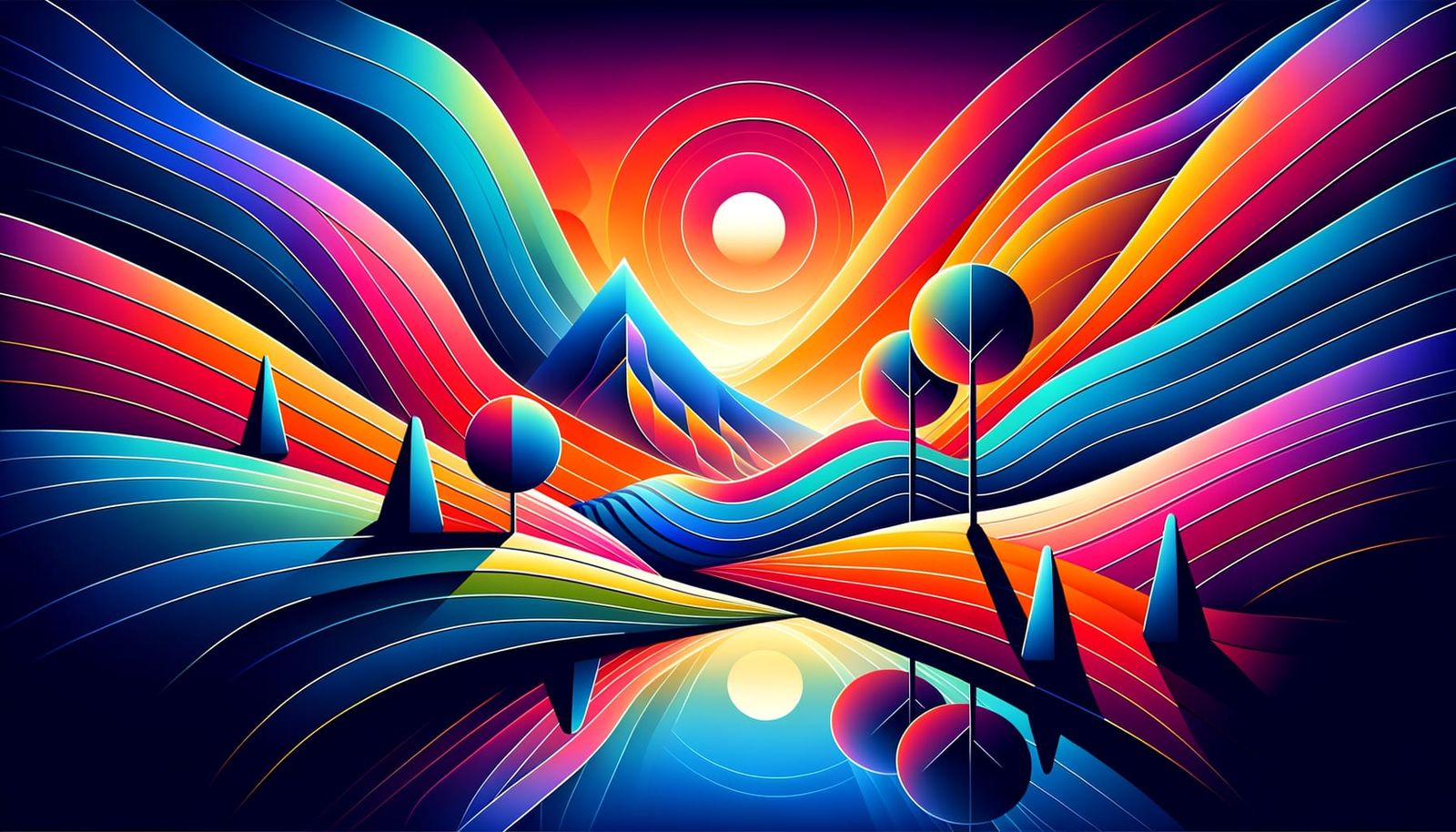 Vibrant Stylized Landscape with Rainbow-Hued Mountain