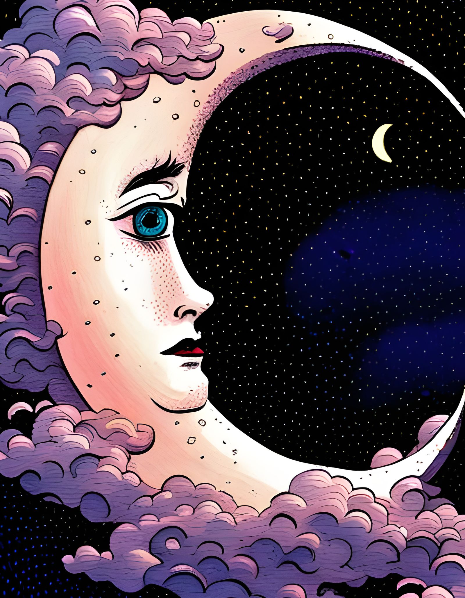 Ukiyo-e Moon with Eyes Digital Illustration