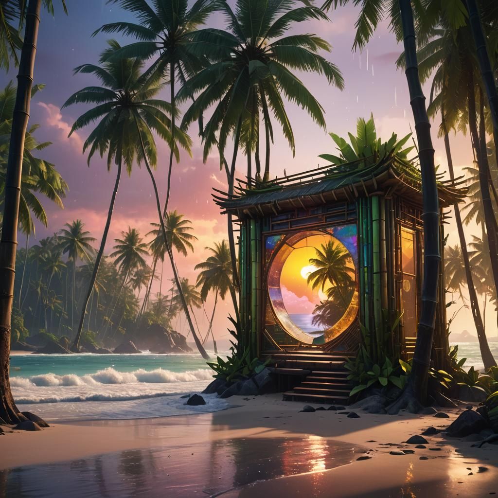 Cyberpunk Beach Architecture at Sunrise: Digital Art