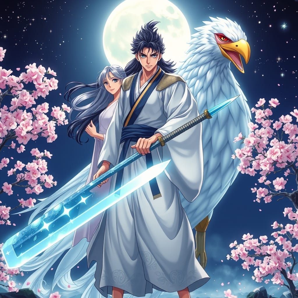 Anime Warrior Under Full Moonlight