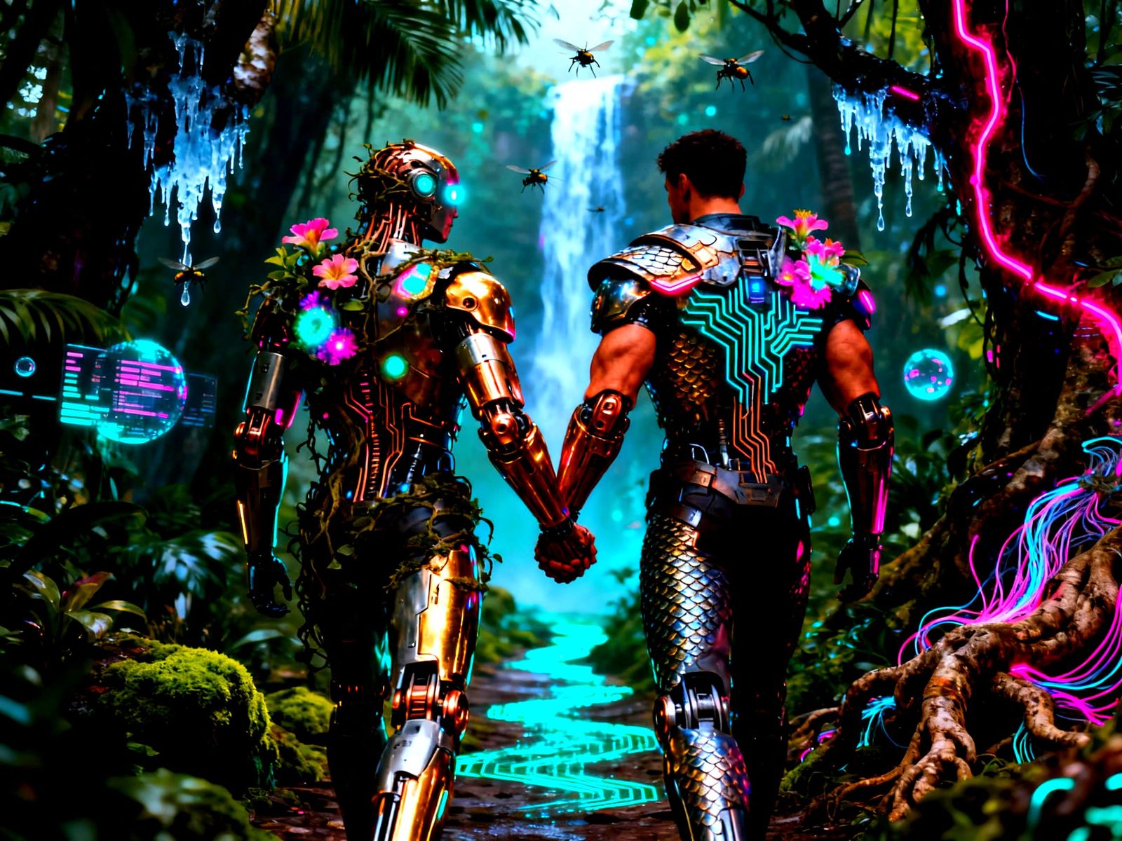 Bionic Men Holding Hands in Cyberpunk Tropical Forest