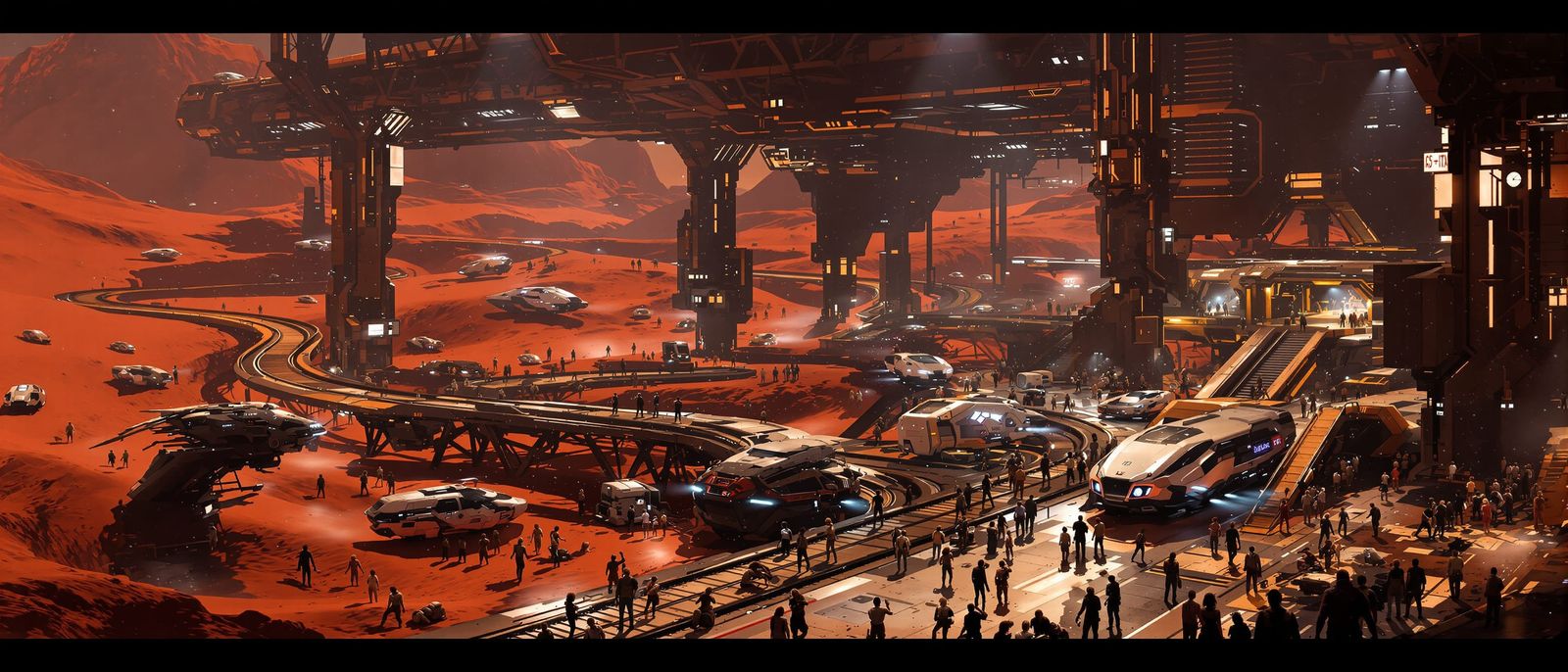 Bustling Martian Rail Station With Alien Passengers