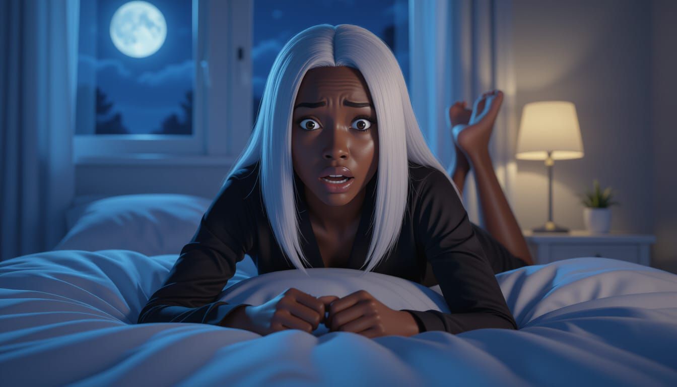 Terrified Woman in Dimly Lit Bedroom