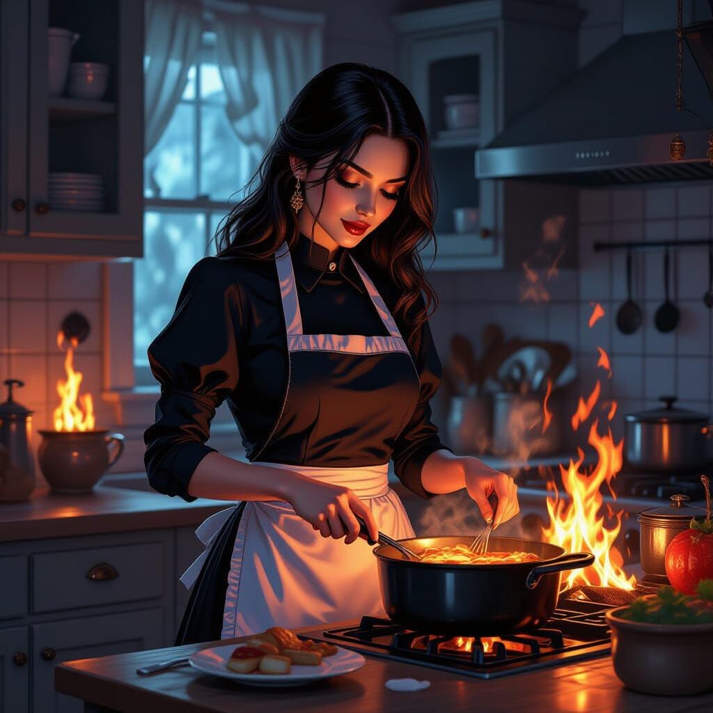 Gothic Demon Wife Cooking with Hellish Flames