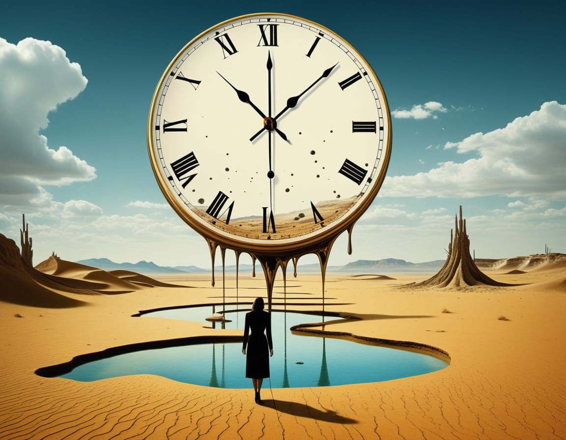 Surreal Desert Dreamscape with Melting Clock and Distorted F...