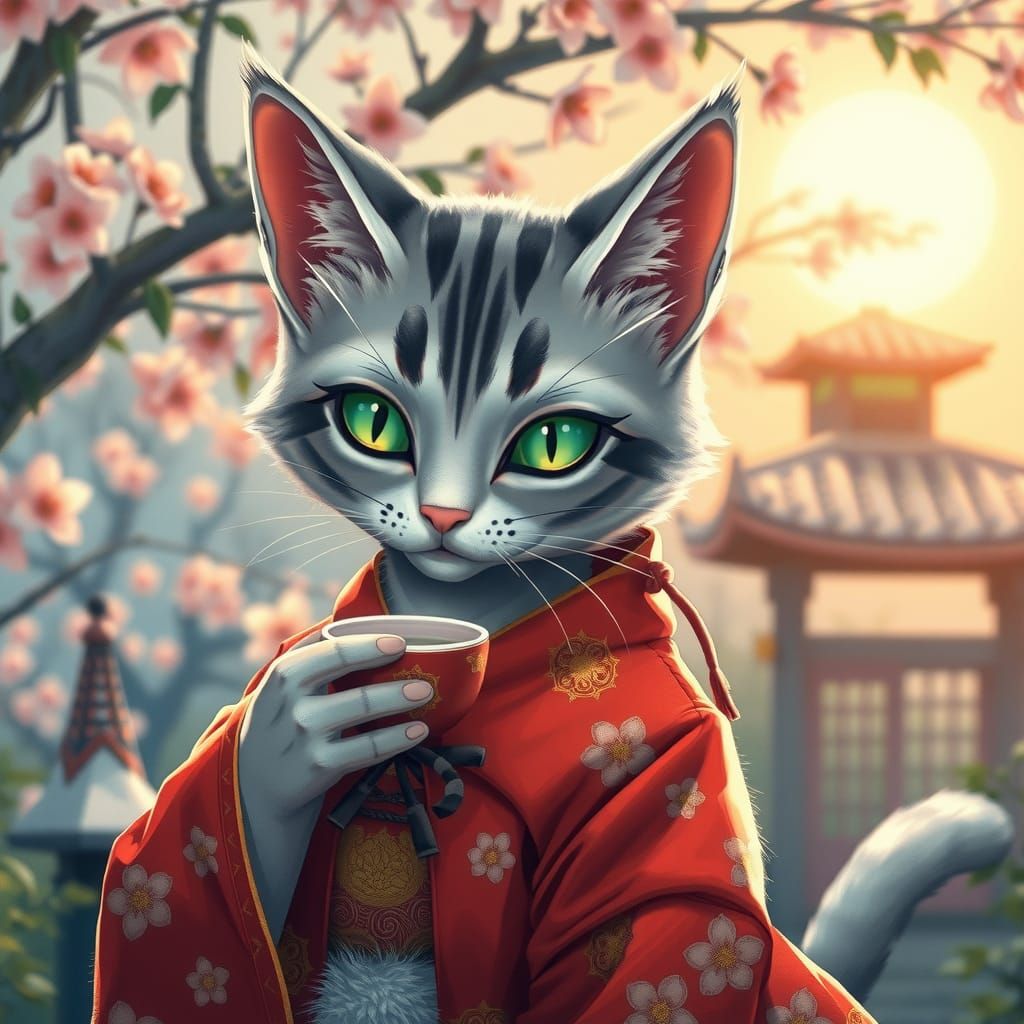 Bakaneko in Kimono Sipping Matcha, Watercolor Style