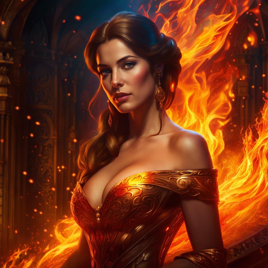 Princess Belle Portrait in Flames: Hyperdetailed Render