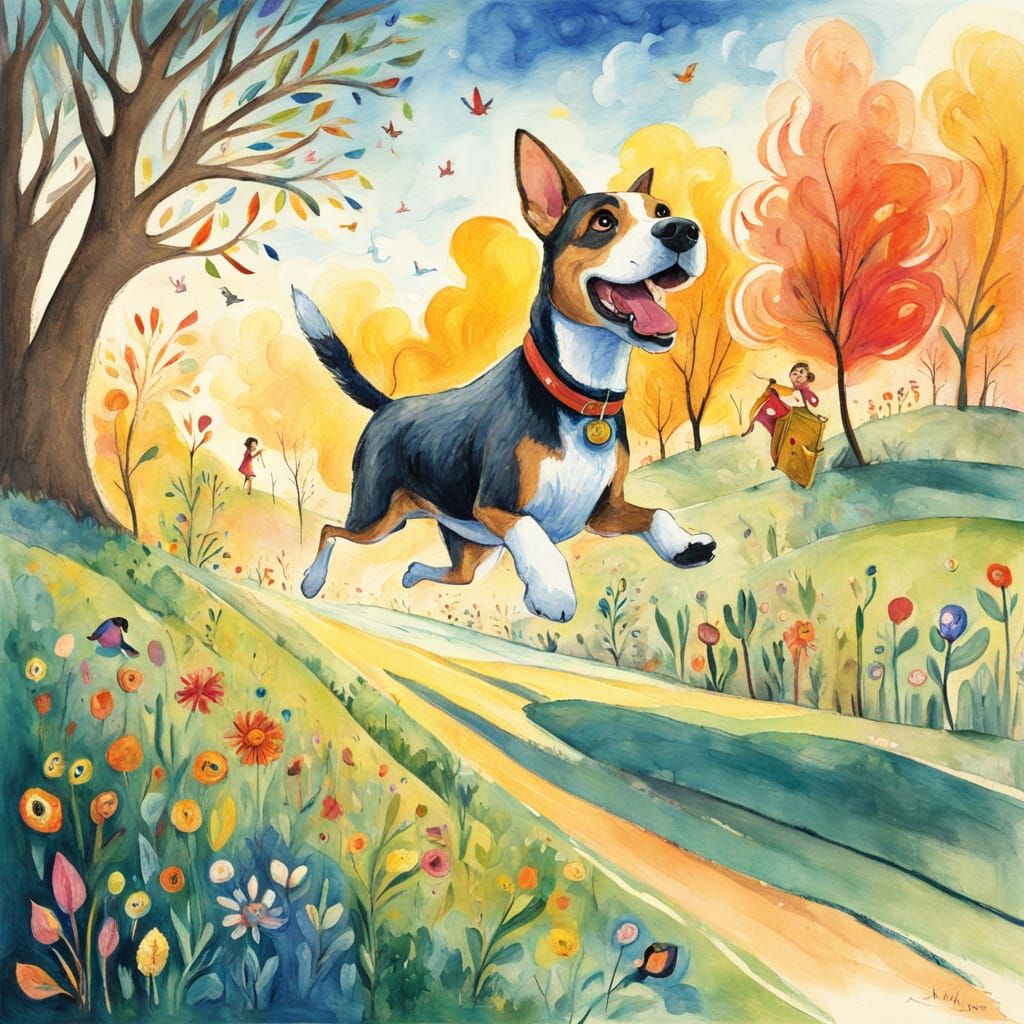 Vibrant Cartoon Illustration of a Curious Dog Chasing a Tiny...